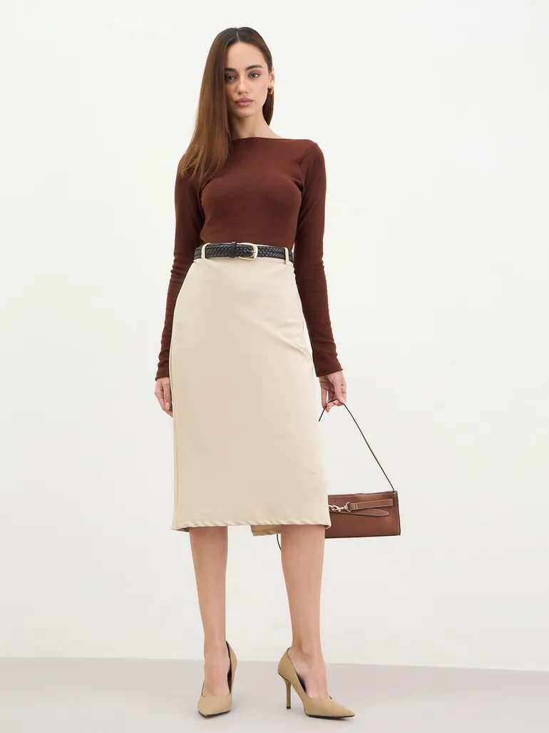 Beige Pencil Midi Skirt with Back Slit