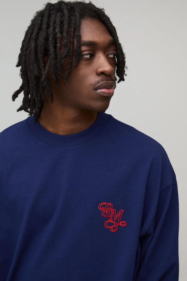 Oversized Heavyweight BM Embroidered Long Flute Sleeve T-Shirt - navy - 2