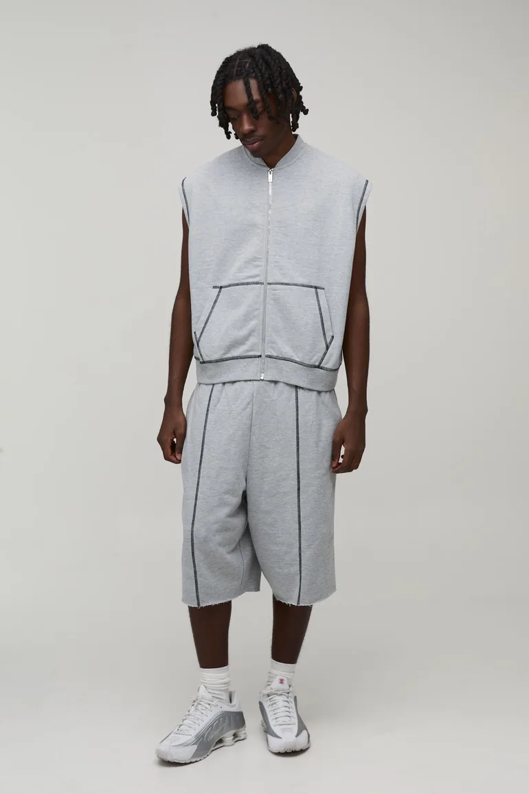 Oversized Boxy Loopback Sleeveless Zip Through Jersey Gilet And Jort Tracksuit - grey marl