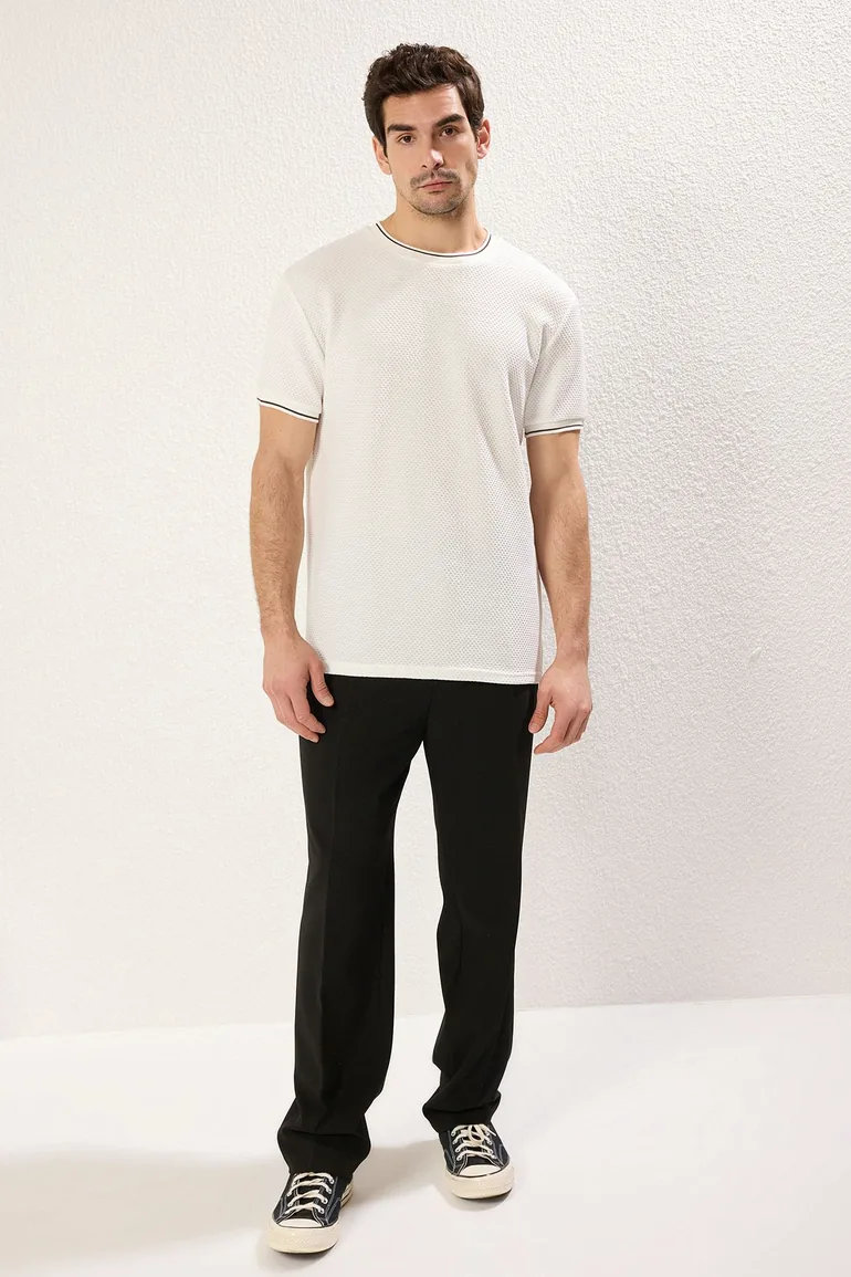 White Regular Cut Textured Knitted Banded T-Shirt
