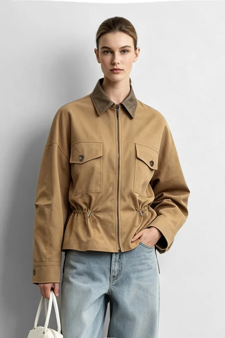 Contrast Leather Collar Zip Jacket - 2