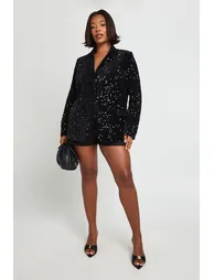 Plus Velvet Sequin Blazer - black