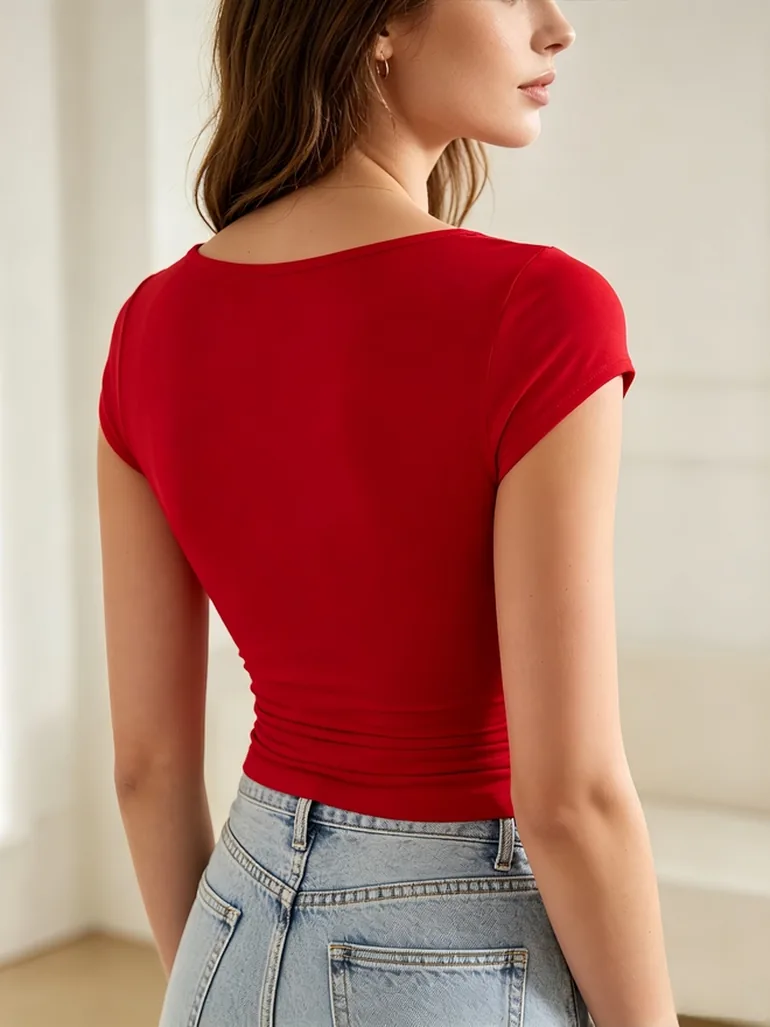 Red Square Neck Fitted T-Shirt - 2