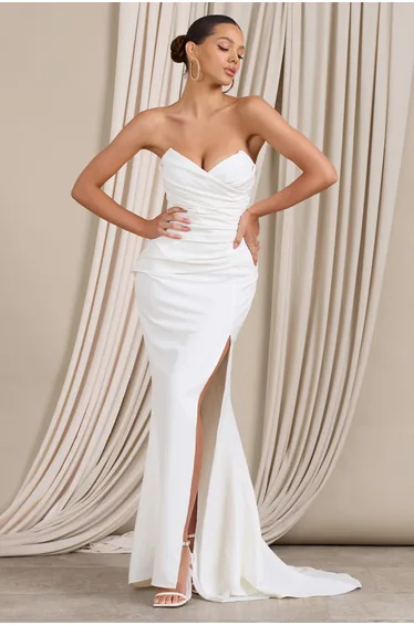 Elene | White Bardot Split Fishtail Maxi Dress