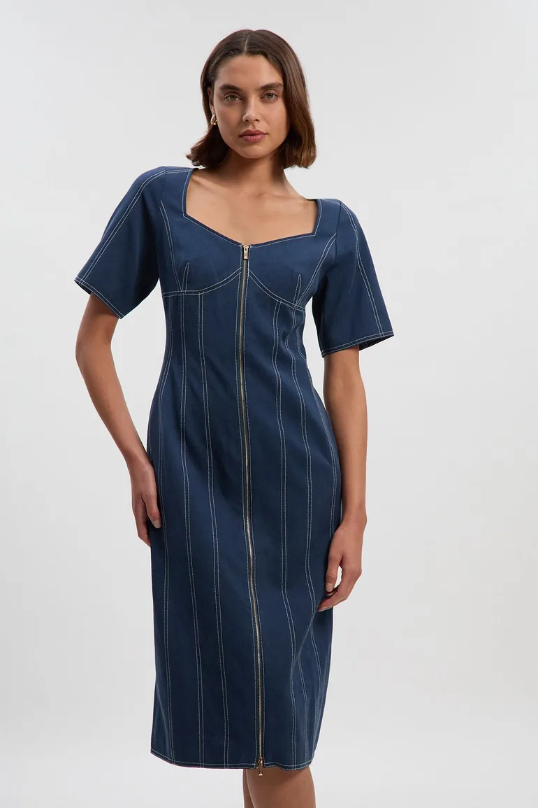 Tencel Cotton Contrast Stitch Zip Front Woven Midi Dress
