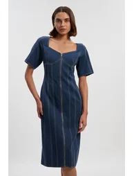 Tencel Cotton Contrast Stitch Zip Front Woven Midi Dress