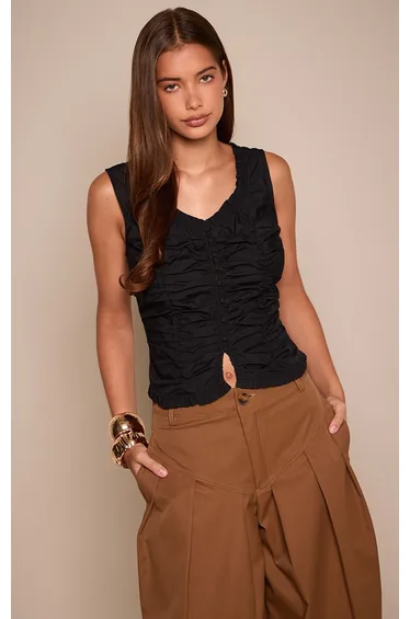 Black Cotton Ruched Front Fitted Top