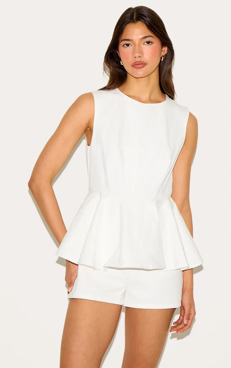 White Cotton Peplum Skort Playsuit - 1