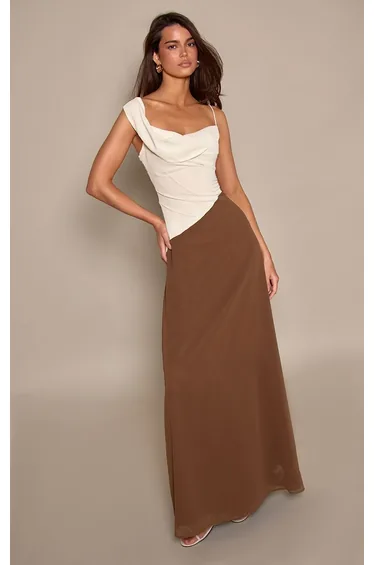 Brown Chiffon Contrast Cowl Neck Maxi Dress