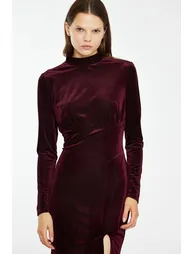 Port-Red Velvet-Rib High-Neck Side-Split Mini-Dress - 2