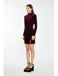 Port-Red Velvet-Rib High-Neck Side-Split Mini-Dress - 3