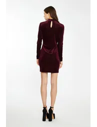 Port-Red Velvet-Rib High-Neck Side-Split Mini-Dress - 1