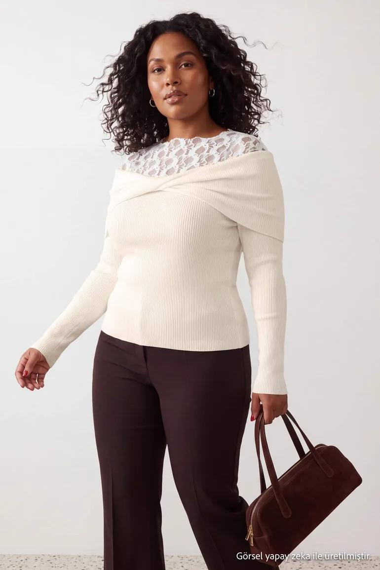 Ecru Lace Detailed Premium Yarn/Special Yarn Knitwear Large Size Sweater - 2