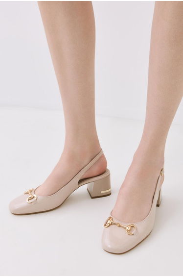 Women's Patent Leather Beige Buckle Open Back Heeled Shoes product thumbnail 2
