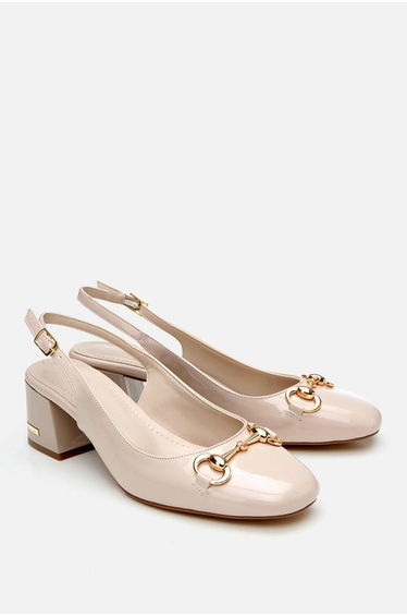 Women's Patent Leather Beige Buckle Open Back Heeled Shoes product thumbnail 4