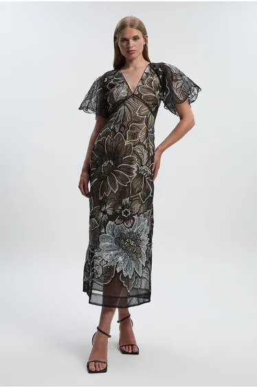 Hand Embroidered And Sequin Organdie Deep V Woven Maxi Dress