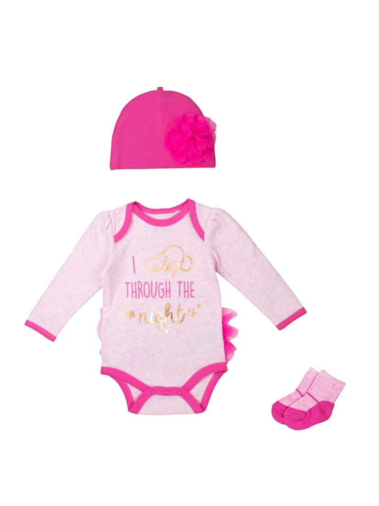 Pack of 3 -Baby Tutu Bodysuit, Embellished Hat and Socks