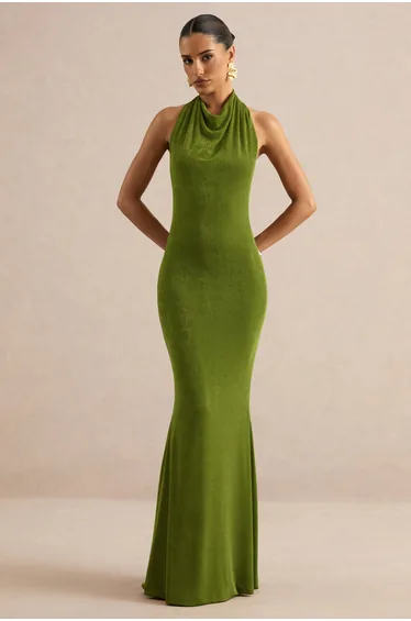Lime High-Neck Maxi Dress With Open Back