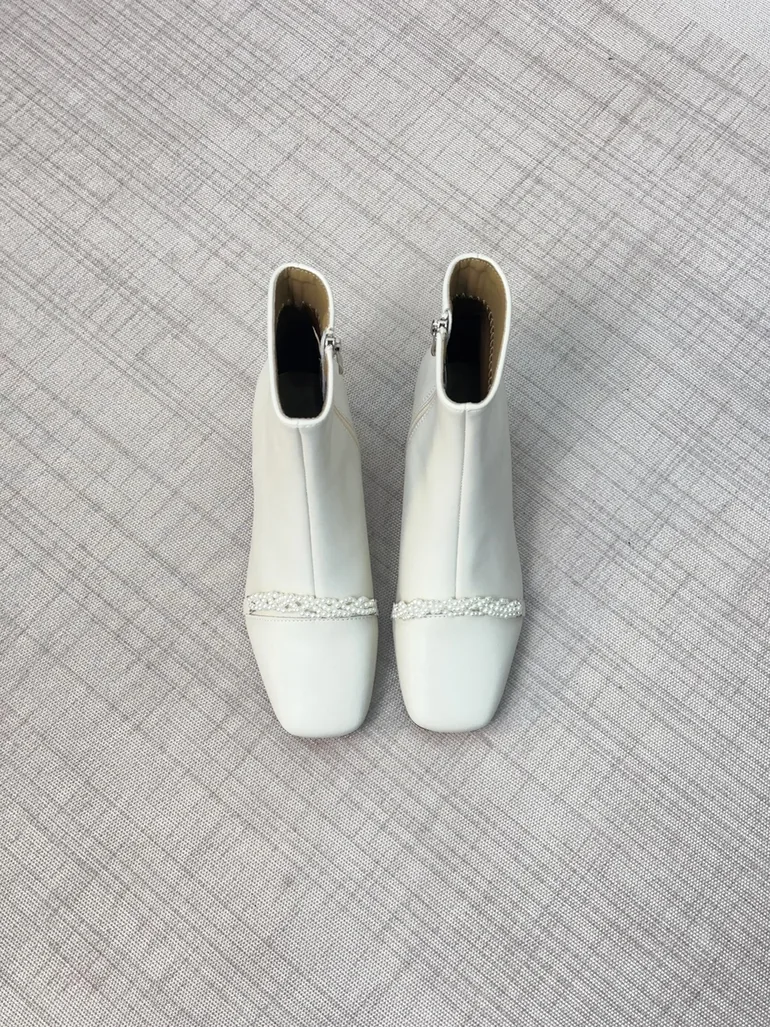 Women White Pearl Detail Ankle Boots - 1
