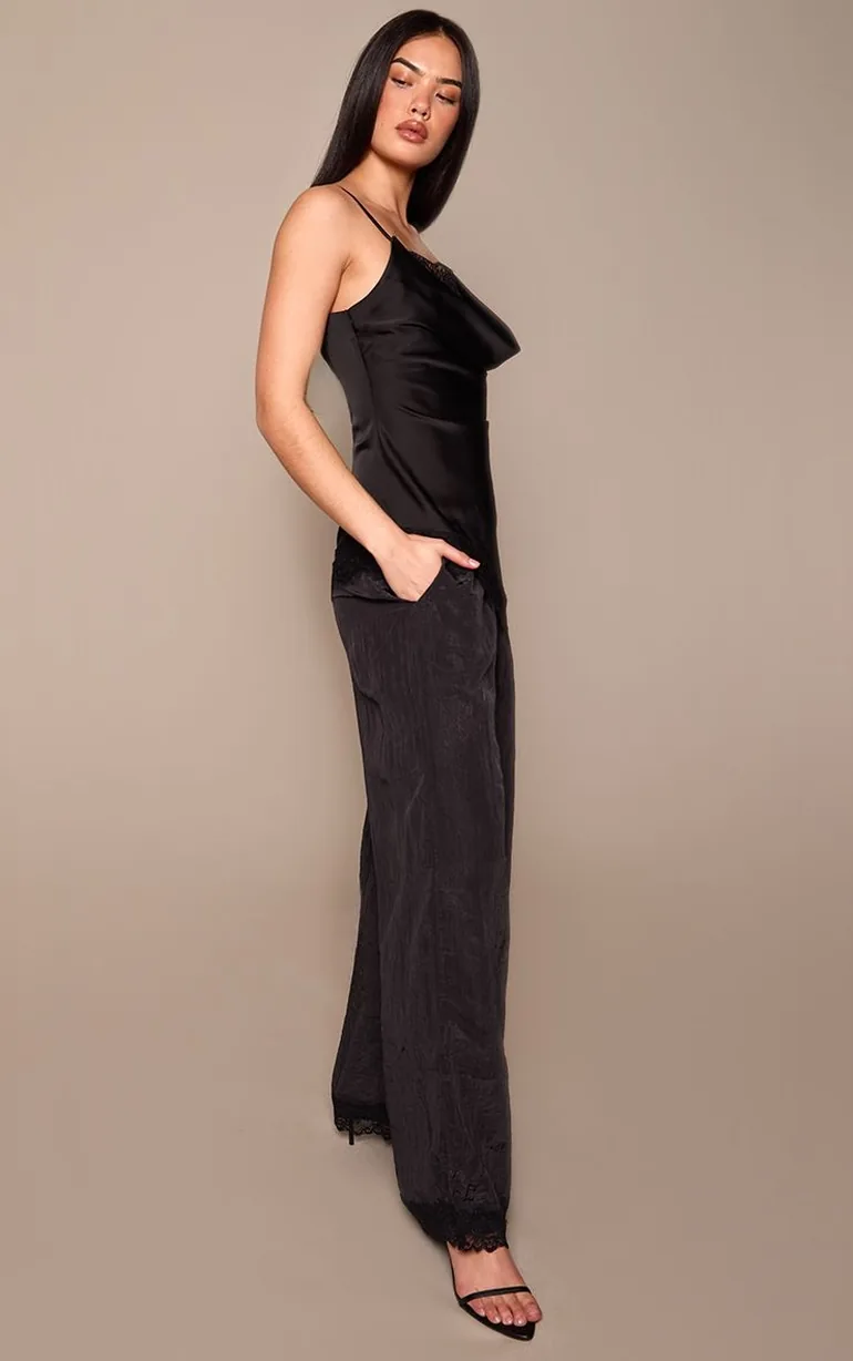 Black Textured Satin Lace Trim Trousers - 1