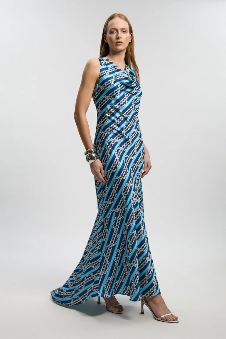 Chain Print Hammered Satin Cowl Neck Dress