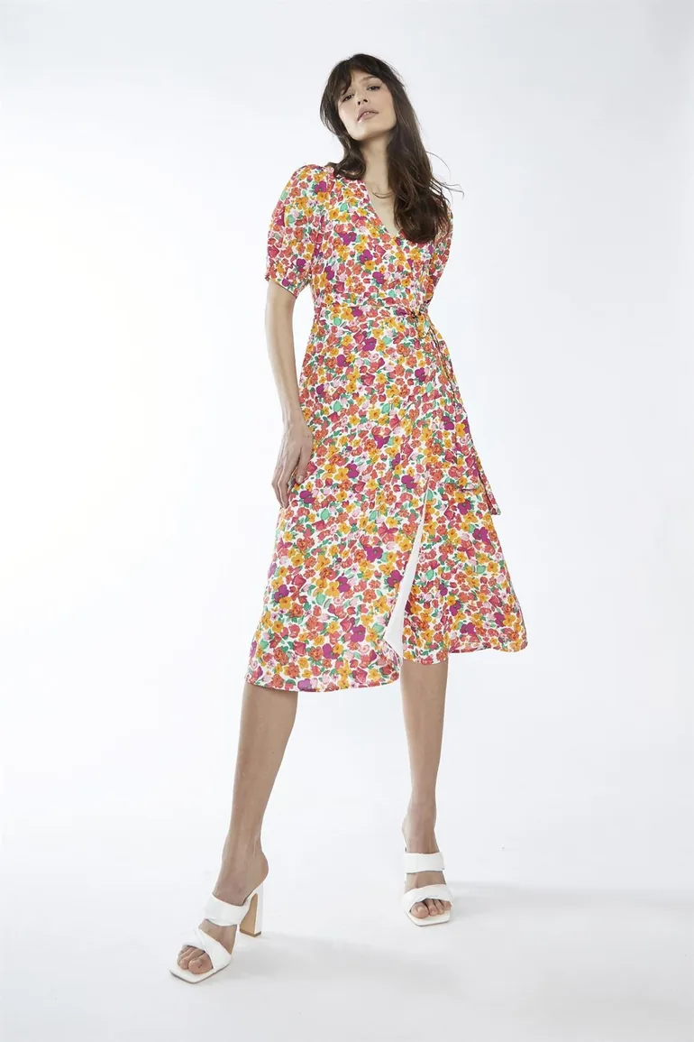Bright-Floral Wrap Midi-Dress - 2