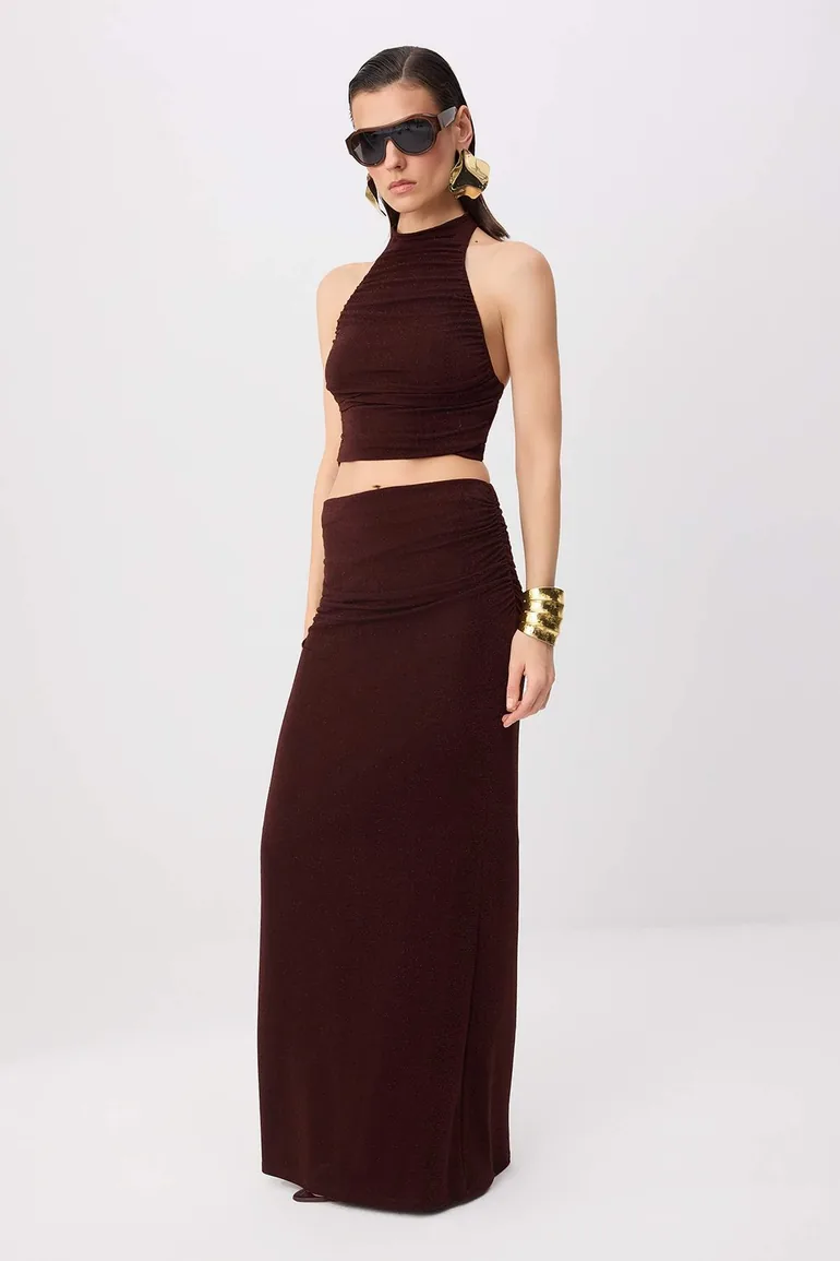 Brown High Degaje Collar Sleeveless Knitted Glitter Knitted Bottom - Top Set