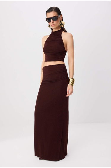 Brown High Degaje Collar Sleeveless Knitted Glitter Knitted Bottom - Top Set