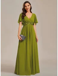 ever IVYROSE|Ruffles Sleeve A-Line Chiffon Waist Applique Maxi Wedding Guest Dress - 3