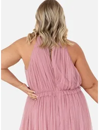 Pink Halter Neck A-Line Maxi Skater Dress with Ruffles - 4