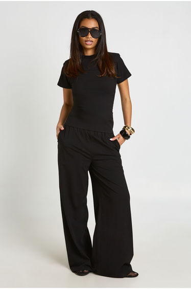 Shoulder Pad Ruched T-Shirt Straight Leg Trouser Co-ord - black