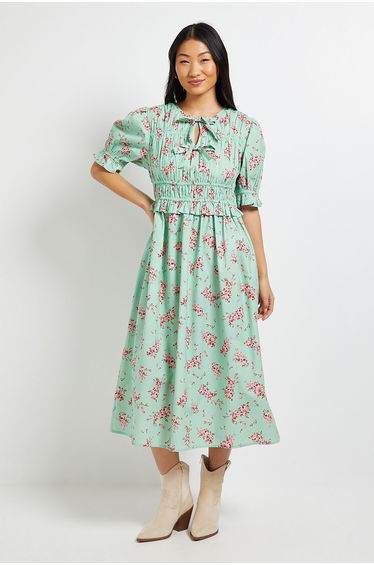 Petite Tie Front Frill Sleeve Printed Poplin Midi Dress
