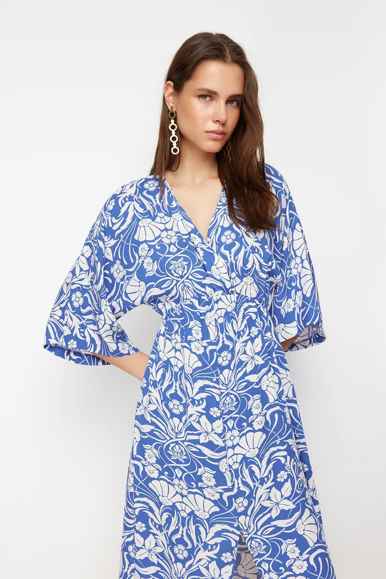 Saxon Floral A-line Floral Pattern A-Line Double Breasted Neck Shally Midi Dress - 2