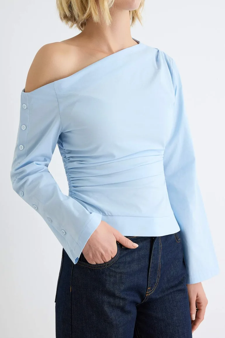 Blue Off-Shoulder Woven Blouse - 2