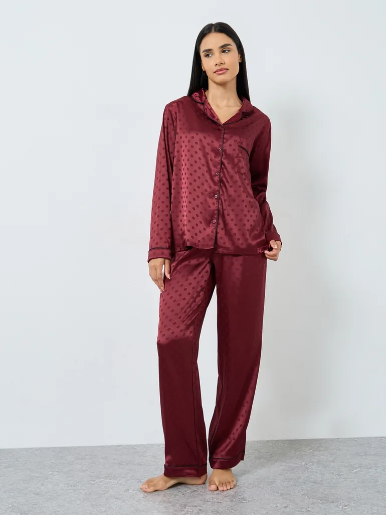 Satin Polka Dot Jacquard Shirt and Straight Leg Pyjama Set