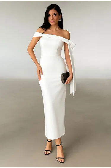 White Body Fitted Shoulder Bow Detail Knitted Stylish Evening Dress Night Graduation Dress
