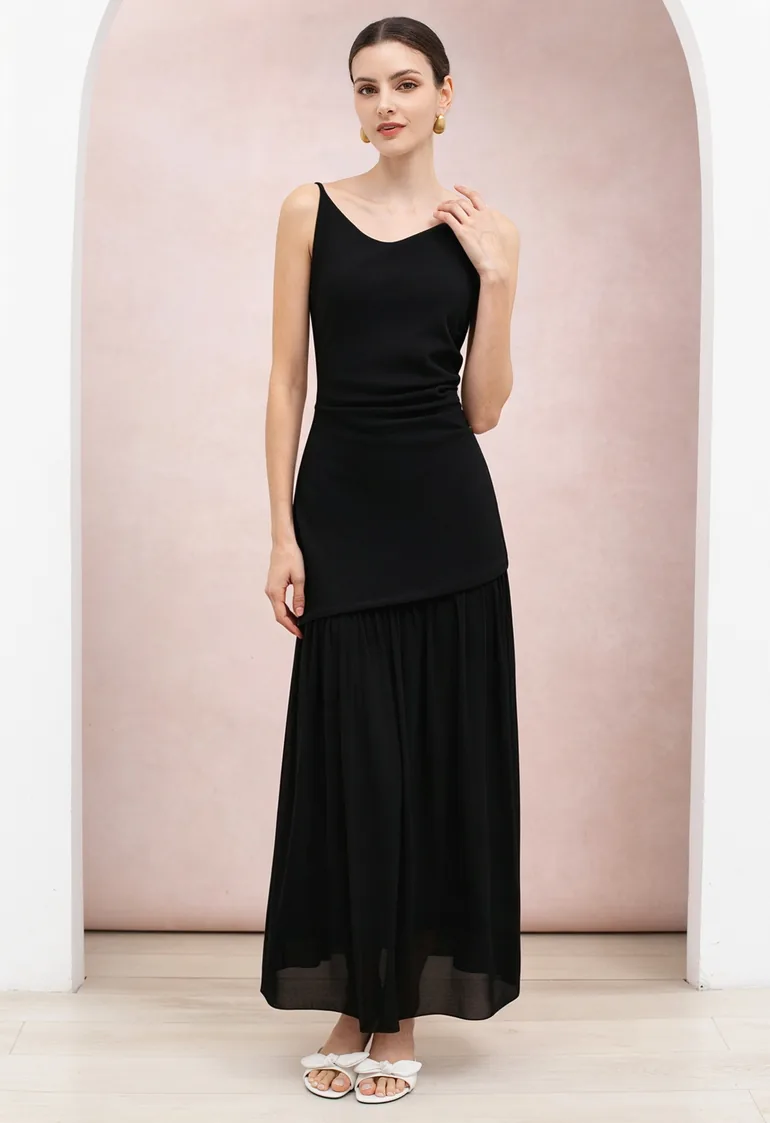 Mesh Panel Ruched Waist Sleeveless Maxi Dress in Black for Vacation Evenings & Cocktail Events