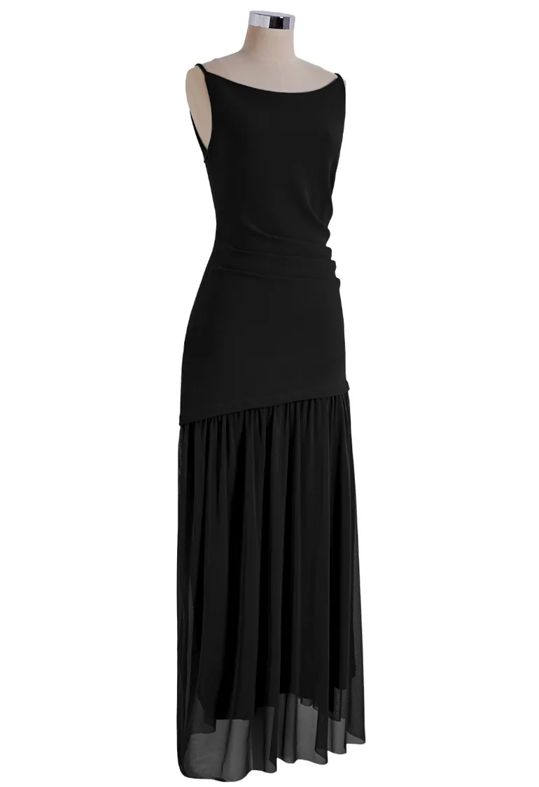 Mesh Panel Ruched Waist Sleeveless Maxi Dress in Black for Vacation Evenings & Cocktail Events - 7