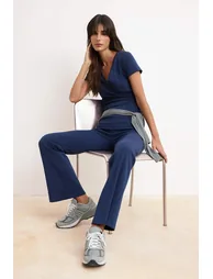 Navy Blue Double Breasted Closure Flexible Short Sleeve Flare Bottom Knitted Bottom - Top Set - 1