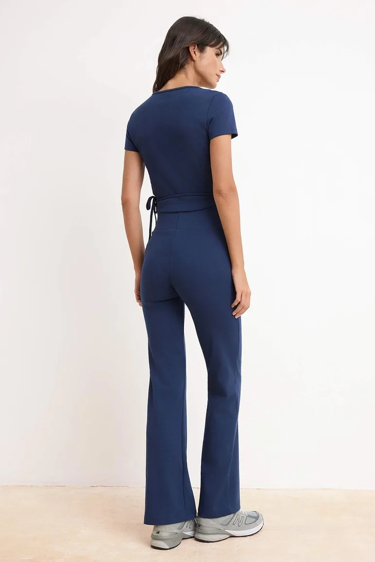 Navy Blue Double Breasted Closure Flexible Short Sleeve Flare Bottom Knitted Bottom - Top Set - 3