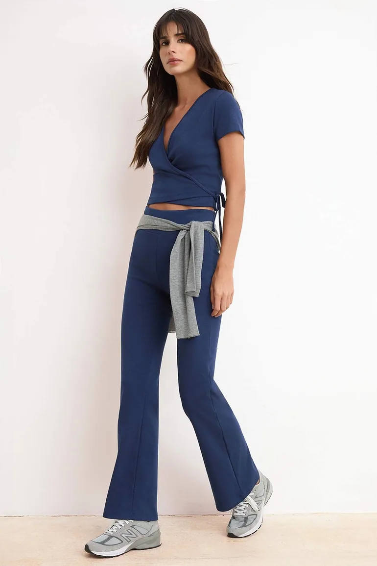 Navy Blue Double Breasted Closure Flexible Short Sleeve Flare Bottom Knitted Bottom - Top Set