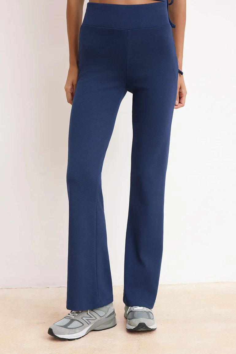 Navy Blue Double Breasted Closure Flexible Short Sleeve Flare Bottom Knitted Bottom - Top Set - 2