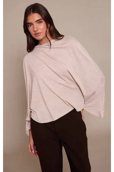 Sand Asymmetric Slouchy Long Sleeve Top