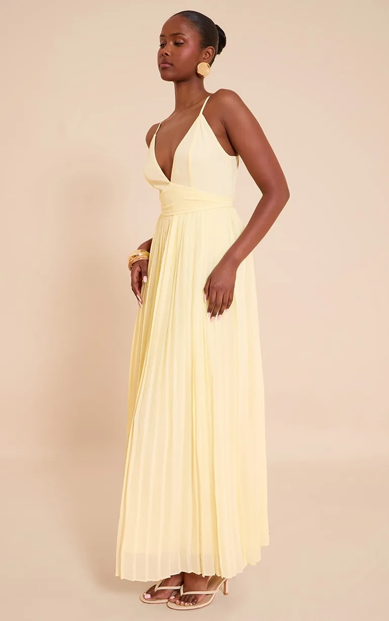 Lemon Chiffon Strappy Pleated Belt Detail Maxi Dress - 1