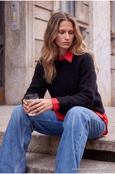 Wardrobe Essentials Black Moheir Look Soft Textured Special Quality Knitwear Sweater product thumbnail 2