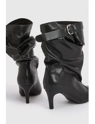 Calf High Slouchy Buckle Detail Stiletto Boots - black - 3