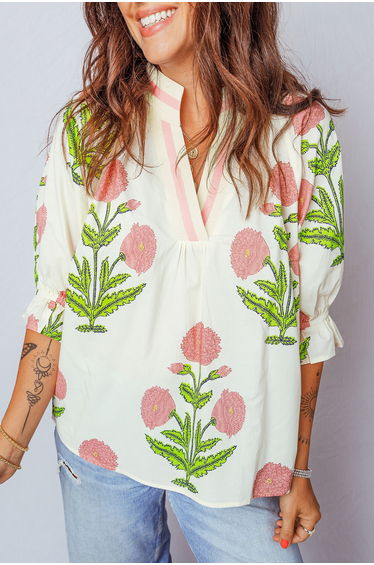 Lvness Casual Wild Flower Print V Neck 3/4 Sleeve Blouse product thumbnail 3