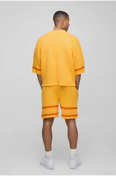 OFCL Oversized Boxy V Neck Baseball Knitted T-Shirt & Short Set - yellow