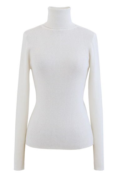 Turtleneck Ribbed Fitted Knit Top in White product thumbnail 4