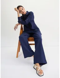 Navy Blue Cotton Linen Straight Pants - 1